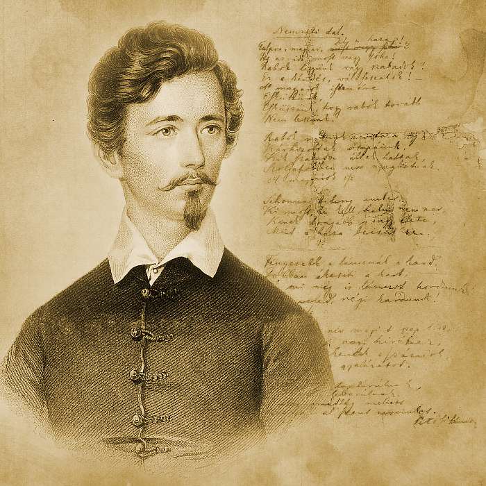 Petőfi Sándor arcképe a Nemzeti dal eredeti kéziratának képével, Barabás Miklós