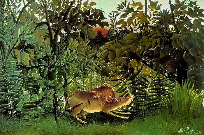 Az éhes oroszlán elkapja az antilopot - színverzió 1., Henri Rousseau