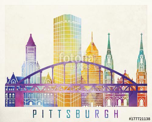 Pittsburgh landmarks watercolor poster, Premium Kollekció