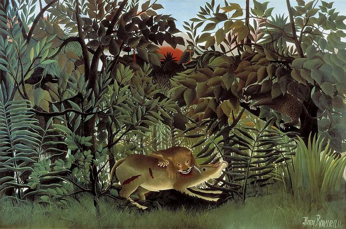 Az éhes oroszlán elkapja az antilopot, Henri Rousseau