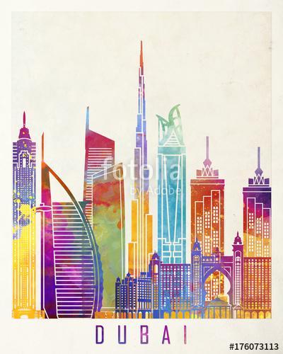 Dubai landmarks watercolor poster, Premium Kollekció