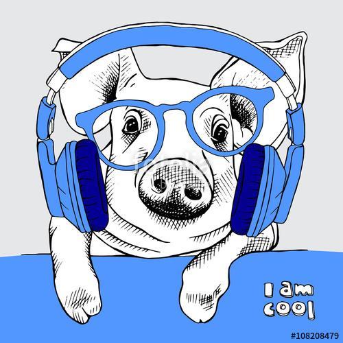 Image pig portrait with glasses and headphones. Vector illustrat, Premium Kollekció