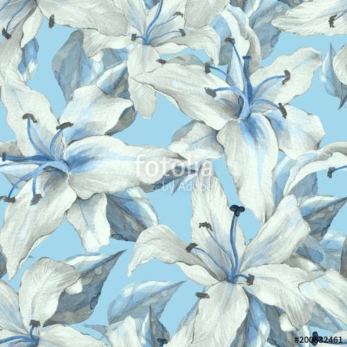 Blue pattern with lilies. Floral seamless watercolor background , Premium Kollekció