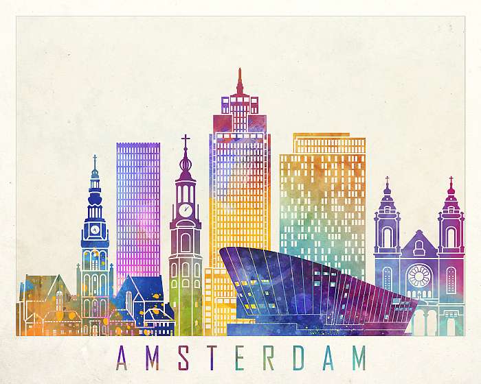Amsterdam  landmarks watercolor poster, Premium Kollekció
