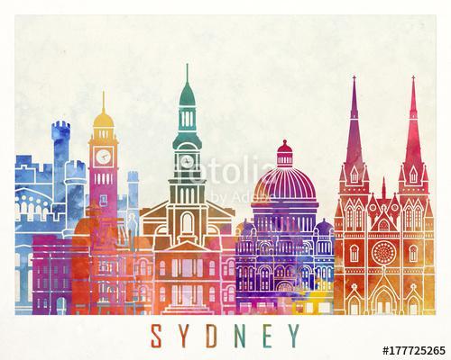 Sydney landmarks watercolor poster, Premium Kollekció