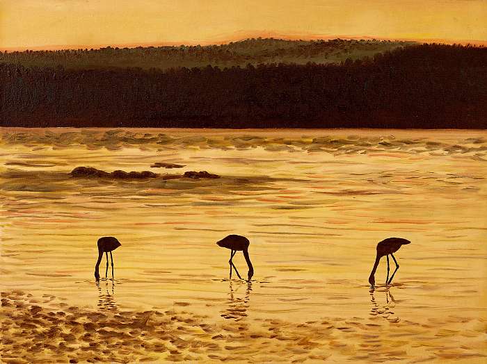 Olajfestés - flamingók a naplementében, a tengerben és a hegyekb, Premium Kollekció