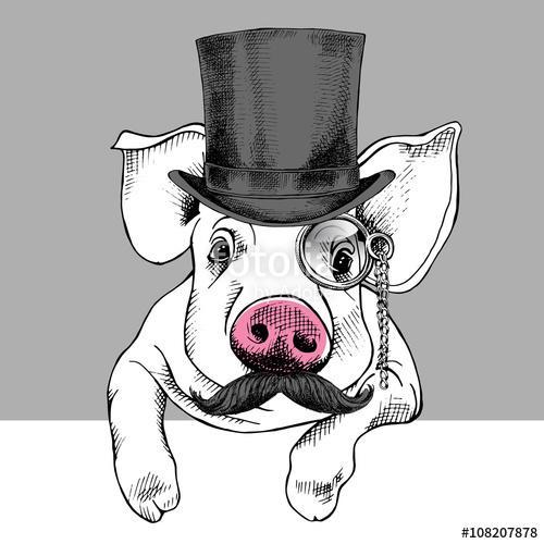 Pig portrait in a hat bowler and with monocle. Vector illustrati, Premium Kollekció