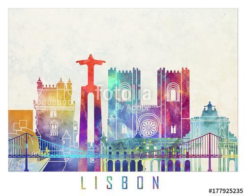 Lisbon landmarks watercolor poster, Premium Kollekció
