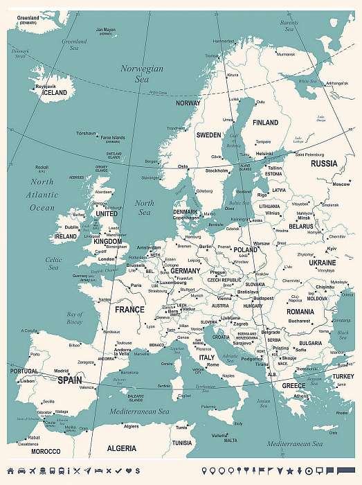 Európa térkép - Vintage vektoros illusztráció, Premium Kollekció