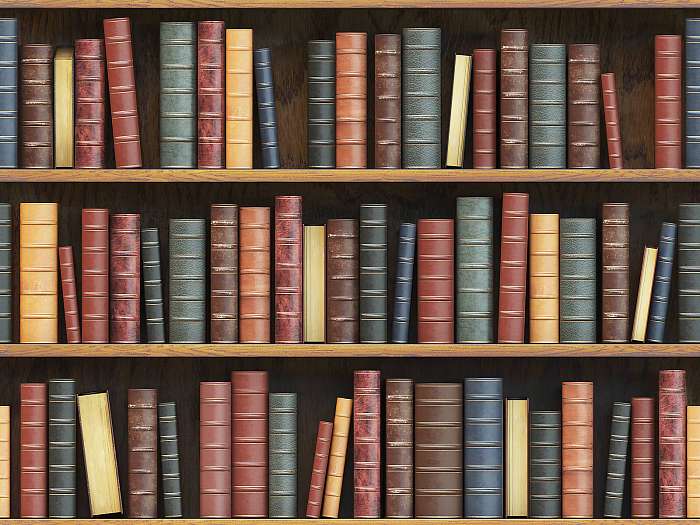 Vintage books on bookshelf. Old books tiled seamless texture bac, Premium Kollekció