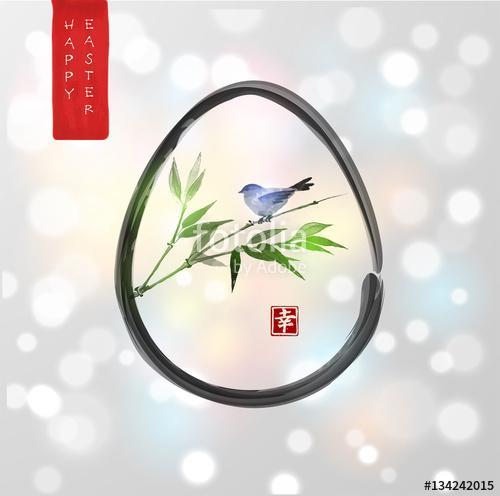 Húsvéti kártya tojással és kis madárral bambuszágon kézzel rajzo, Premium Kollekció