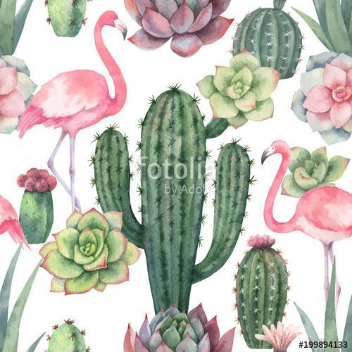 Watercolor vector seamless pattern of pink flamingo, cacti and s, Premium Kollekció