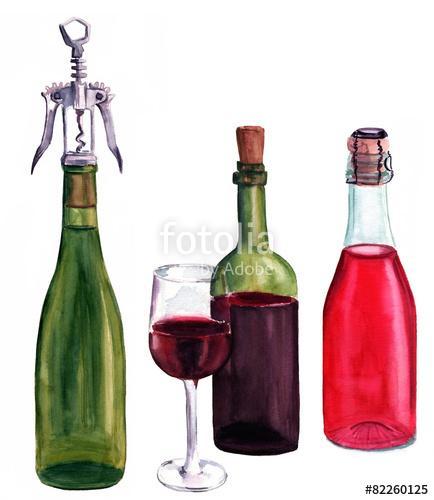 Boros palackok, pohárral fehér háttéren (akvarell), Premium Kollekció