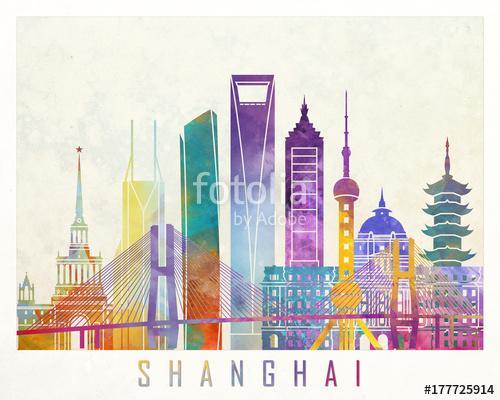 Shanghai landmarks watercolor poster, Premium Kollekció