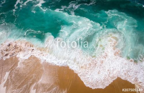 Sand beach aerial, top view of a beautiful sandy beach aerial shot with the blue waves rolling into the shore, Premium Kollekció