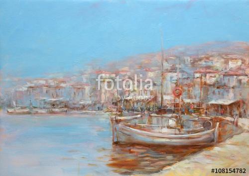 Csónakok a sziget kikötőjén, kézzel készített festészet, Premium Kollekció
