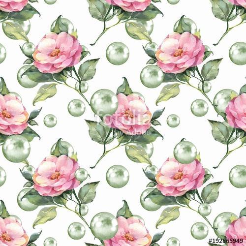 Watercolor floral seamless pattern. Flowers and pearls, Premium Kollekció