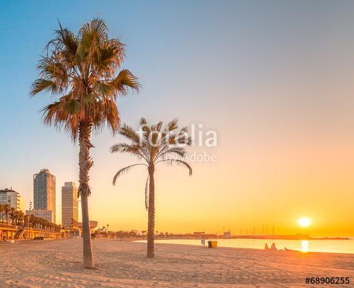 Barceloneta Beach in Barcelona at sunrise, Premium Kollekció