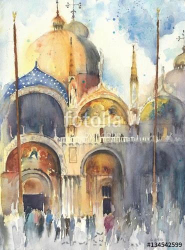 Velencei akvarellfestés San-Marco templom templomi üdvözlőlap, Premium Kollekció