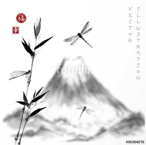 Fuji-hegység, bambusz ág és szitakötők. , Premium Kollekció