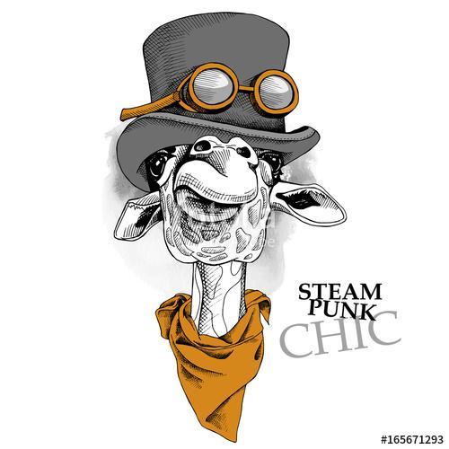 Giraffe portrait in a steampunk hat with cravat. Vector illustra, Premium Kollekció