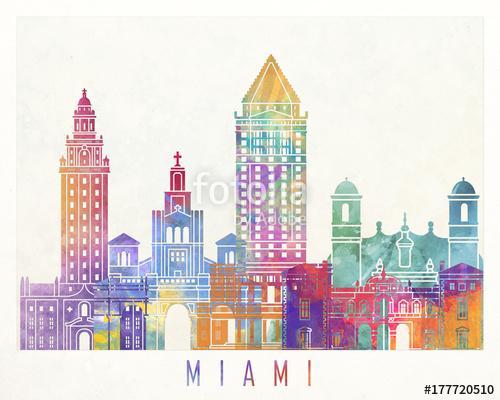 Miami landmarks watercolor poster, Premium Kollekció