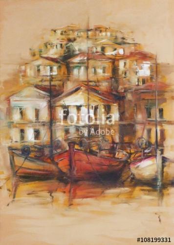 Csónakok a sziget kikötőjén, kézzel készített festészet, Premium Kollekció