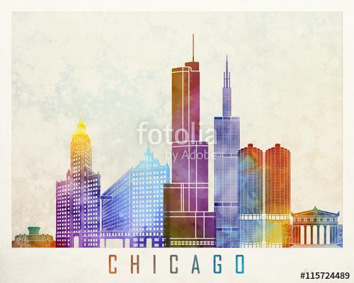 Chicago landmarks watercolor poster, Premium Kollekció