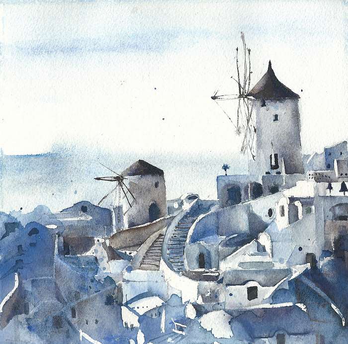 Santorini megtekintése Görögország szigetén akvarell festmény, Premium Kollekció