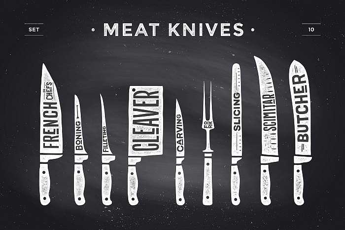Meat cutting knives set. Poster Butcher diagram and scheme, Premium Kollekció