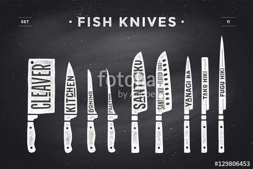 Fish cutting knives set. Poster of Butcher diagram and scheme - , Premium Kollekció