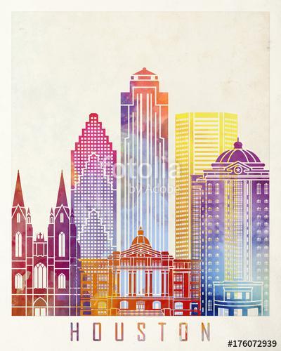 Houston landmarks watercolor poster, Premium Kollekció