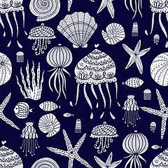 Kagylók-csillagok-medúzák tapétaminta - sötétkék, 