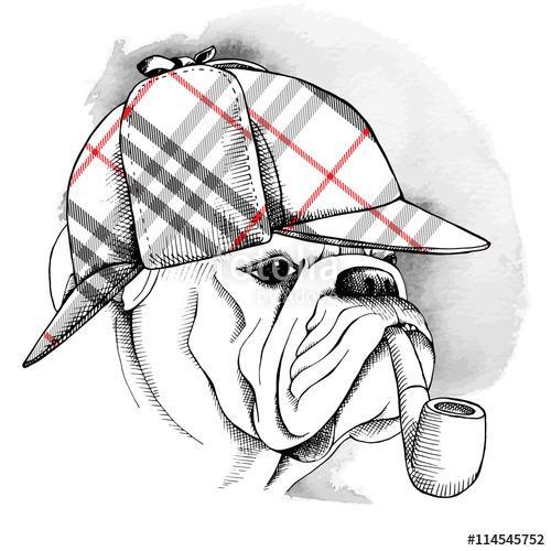 The Image Portrait of a dog Bulldog wearing the deerstalker and , Premium Kollekció