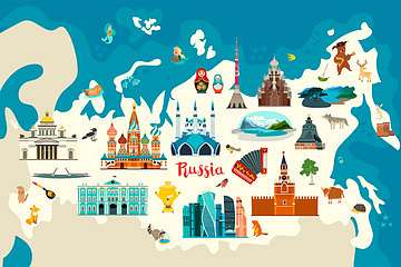 Oroszország térkép illusztráció, neves épületekkel, 