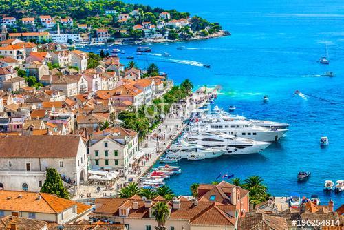 Hvar promenade aerial cityscape. / Aerial view at famous promenade in Hvar town, popular tourist resort in summertime., Premium Kollekció