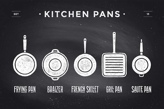 Set of kitchen pans. Poster Kitchenware - Pans, grill, pot. Vint, Premium Kollekció