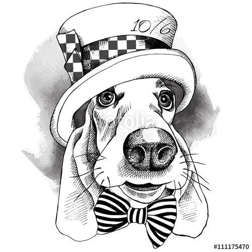 The image with the portrait of a dog in the Hatter hat and with , Premium Kollekció