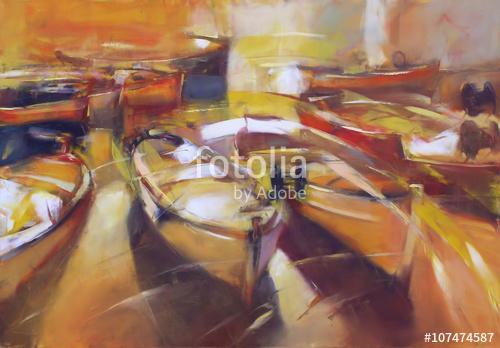 Csónakok, modern kézzel készített festmények, Premium Kollekció
