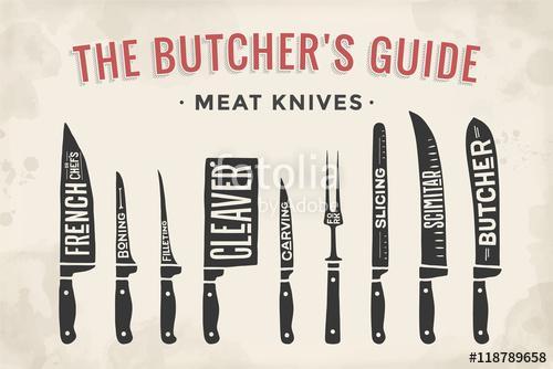 Meat cutting knives set. Poster Butcher diagram and scheme - Mea, Premium Kollekció