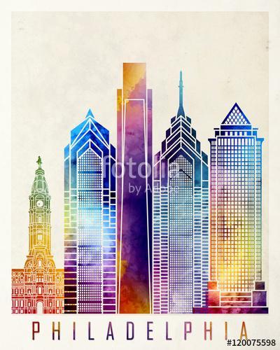 Philadelphia landmarks watercolor poster, Premium Kollekció
