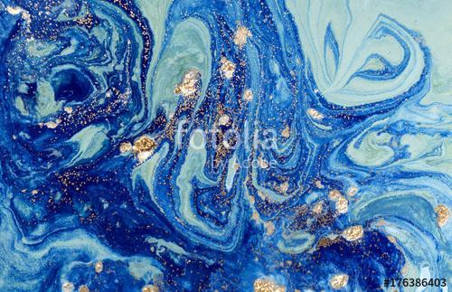 Marbled blue abstract background with golden sequins. Liquid marble ink pattern., Premium Kollekció