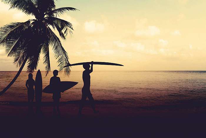 Art photo styles of silhouette surfer on beach at sunset - vintage color tone, Premium Kollekció