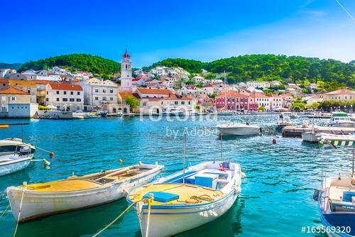 Pucisca Brac adriatic place. / Seafront scenery of small mediterranean village Pucisca on Island Brac, tourist summer resort in , Premium Kollekció