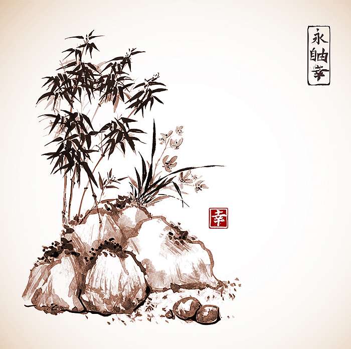 Kis bambuszfa és vad orchidea a sziklákon. A hagyományos japánok, Premium Kollekció