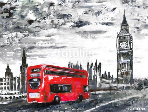 Big Ben és egy double-decker - szürke-piros művészi kép, Premium Kollekció