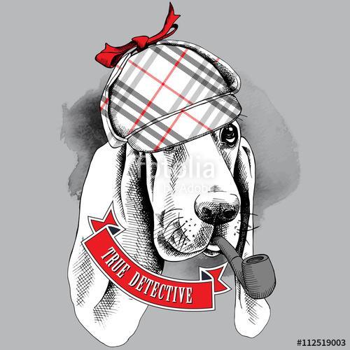 Poster with the image of a Basset Hound dog in a deerstalker wit, Premium Kollekció