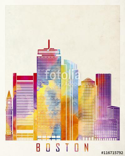 Boston landmarks watercolor poster, Premium Kollekció