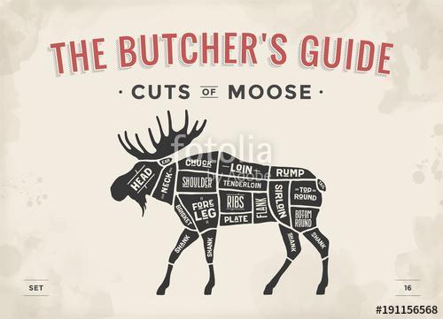 Cut of meat set. Poster Butcher diagram, scheme - Moose. Vintage, Premium Kollekció