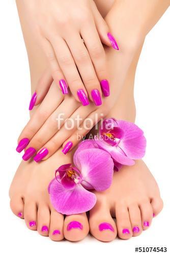 pink manicure and pedicure with a orchid flower, Premium Kollekció